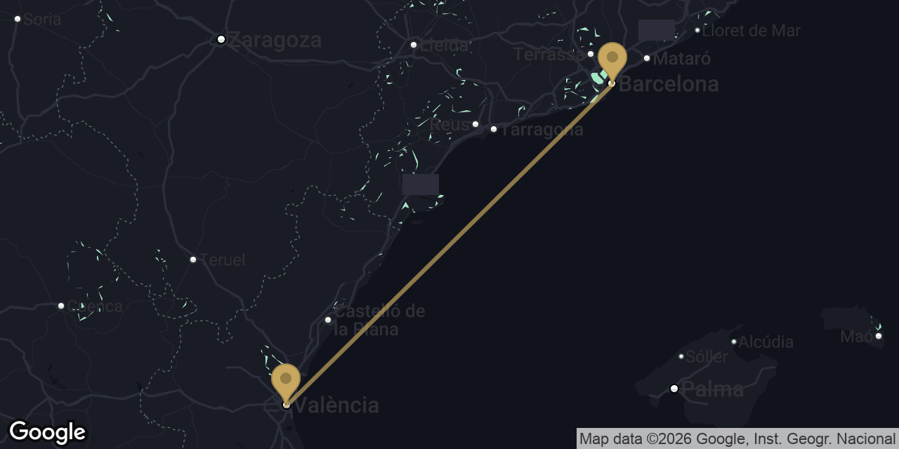Mapa del trayecto de Barcelona centro a Valencia