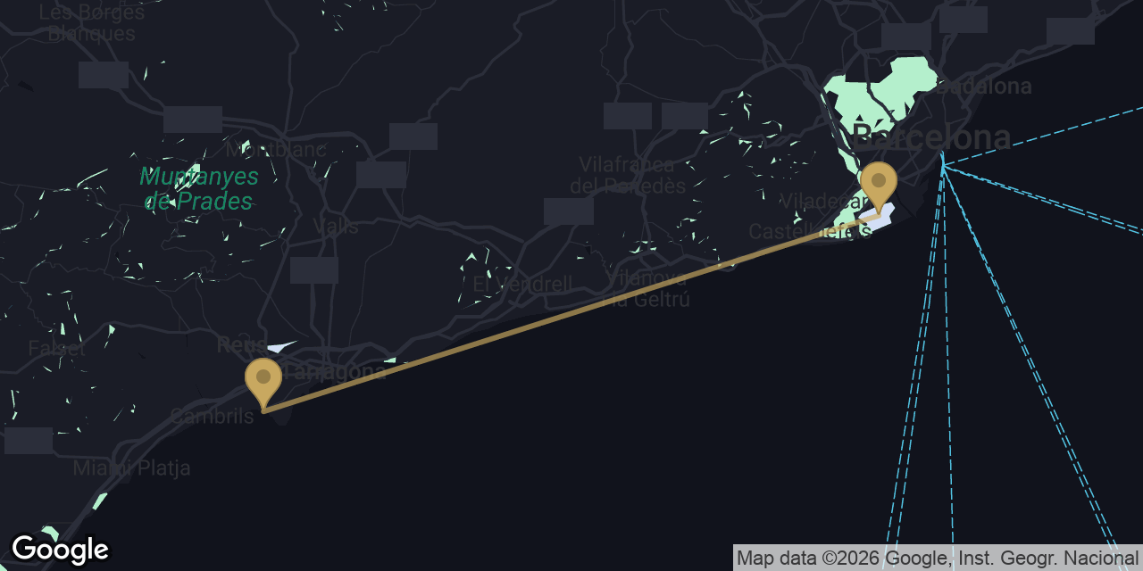 Mapa del trayecto de Aeropuerto de Barcelona a Salou