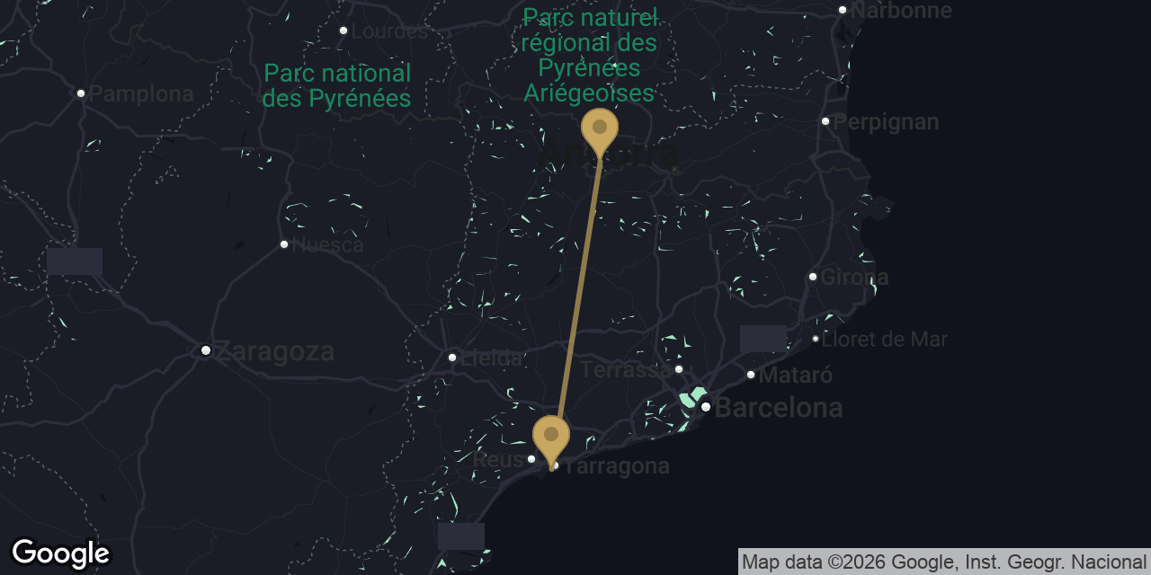 Mapa del trayecto de Andorra la Vella a Puerto de cruceros de Tarragona