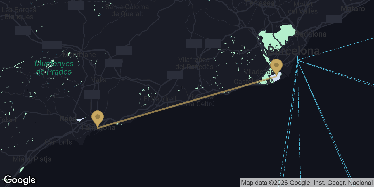 Mapa del trayecto de Tarragona a Aeropuerto de Barcelona