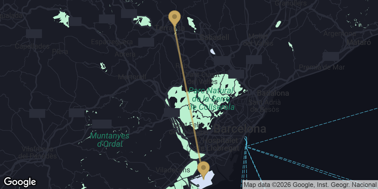 Mapa del trayecto de Terrassa a Aeropuerto de Barcelona