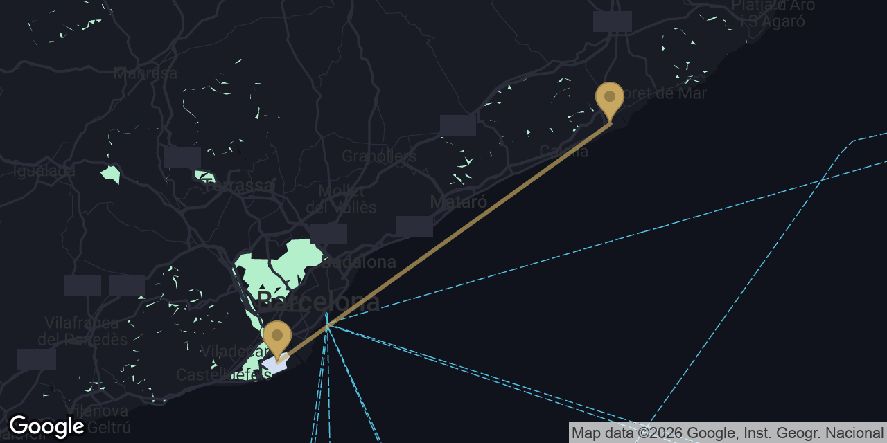 Mapa del trayecto de Malgrat de Mar a Aeropuerto de Barcelona