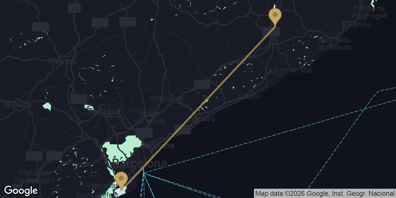 Mapa del trayecto de Camiral Golf & Wellness (PGA Catalunya) a Aeropuerto de Barcelona