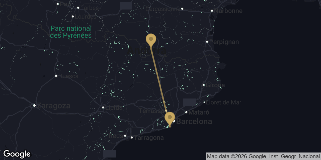 Mapa del trayecto de Soldeu a Aeropuerto de Barcelona