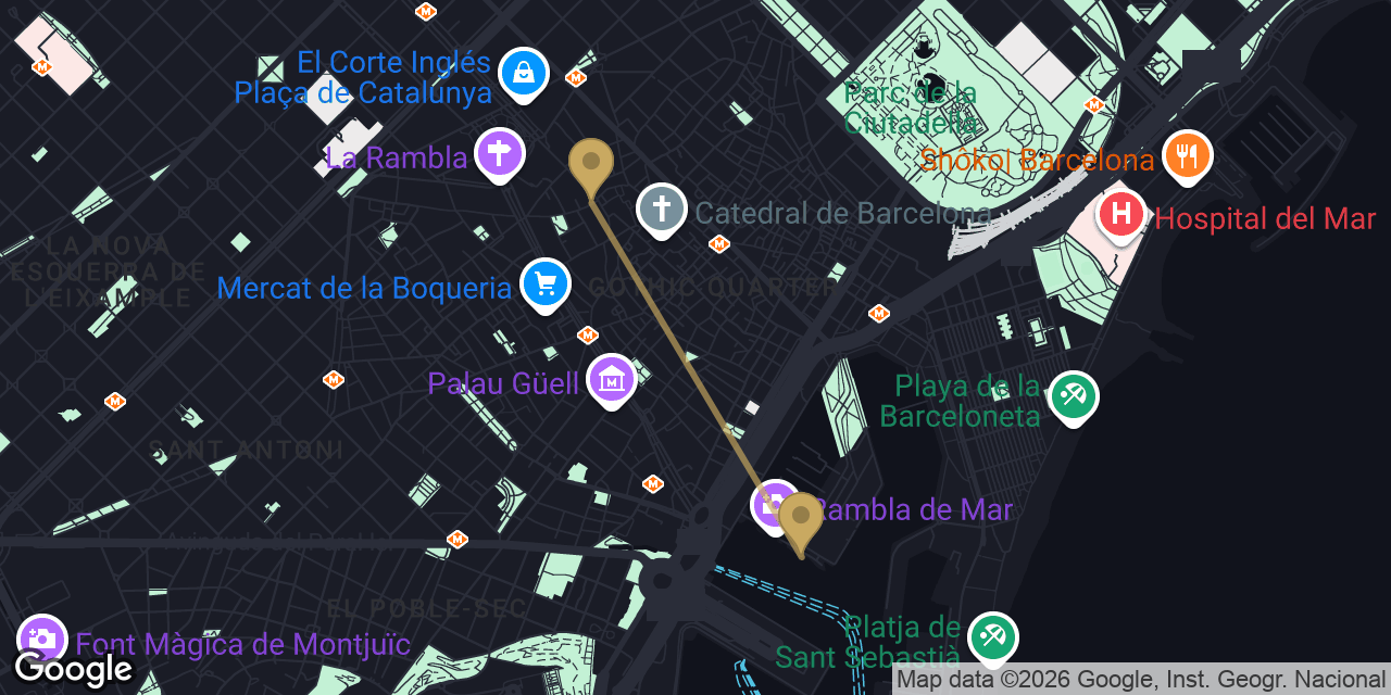 Mapa del trayecto de Puerto de cruceros de Barcelona a Barcelona centro