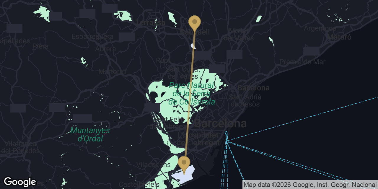 Mapa del trayecto de Aeropuerto de Barcelona a Sabadell
