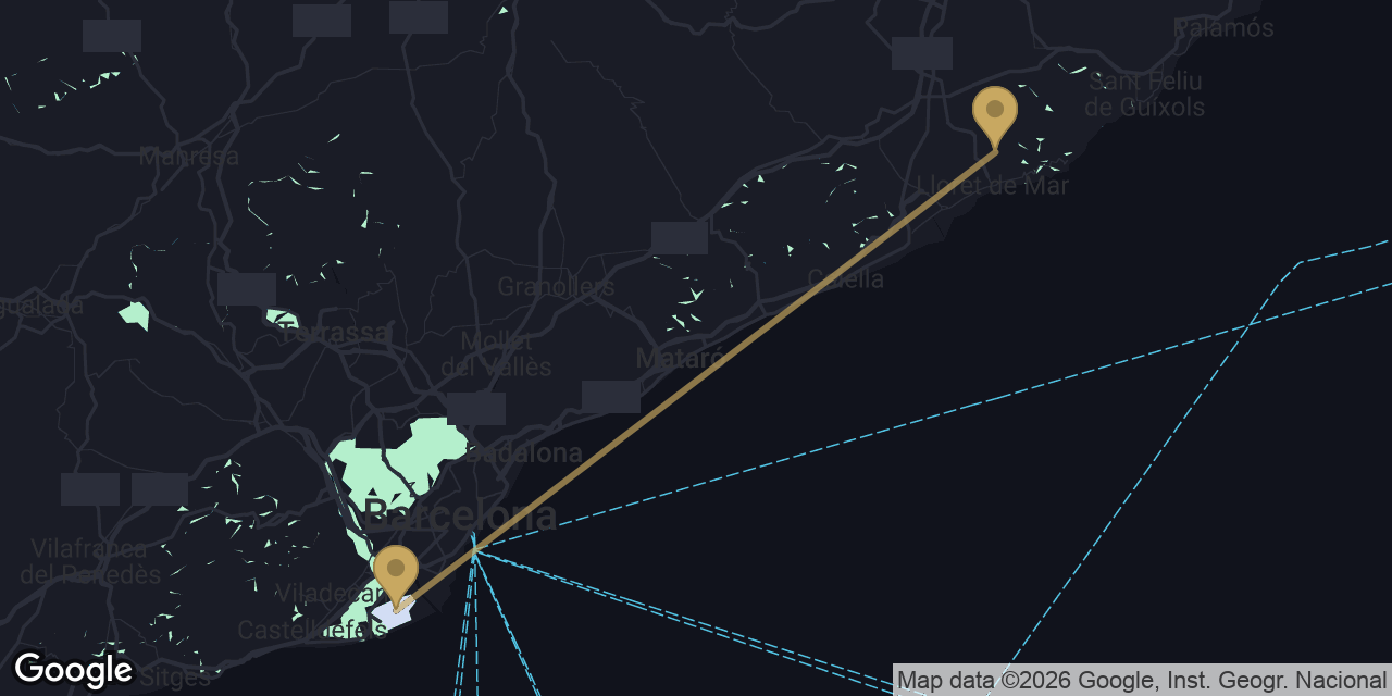 Mapa del trayecto de Aeropuerto de Barcelona a Lloret de Mar