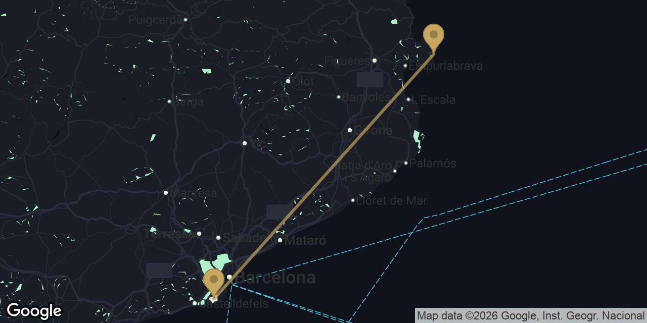 Mapa del trayecto de Aeropuerto de Barcelona a Cadaqués