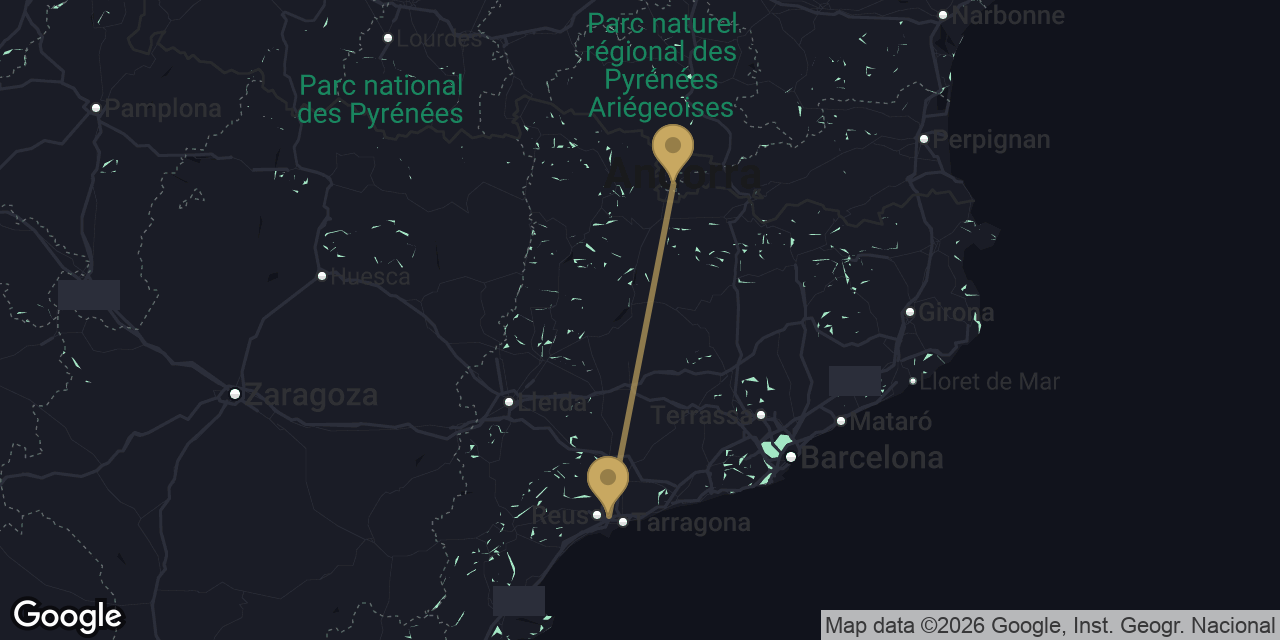 Mapa del trayecto de Aeropuerto de Reus a Andorra la Vella