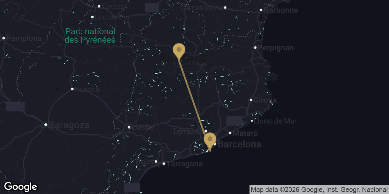 Mapa del trayecto de Aeropuerto de Barcelona a Andorra la Vella