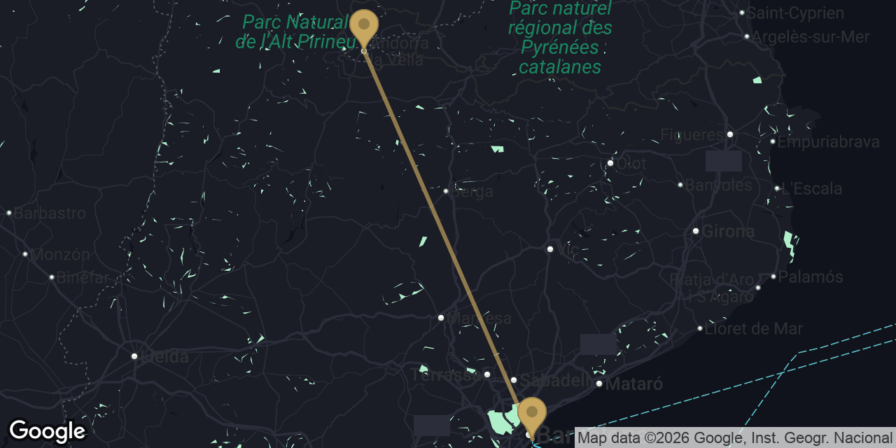 Mapa del trayecto de Puerto de cruceros de Barcelona a Andorra la Vella