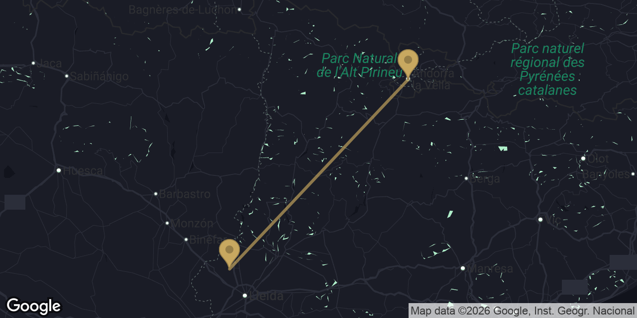 Mapa del trayecto de Aeropuerto de Lleida-Alguaire a Andorra la Vella