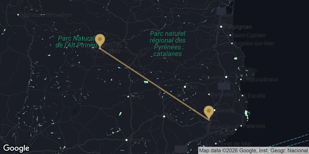 Mapa del trayecto de Aeropuerto de Girona a Andorra la Vella