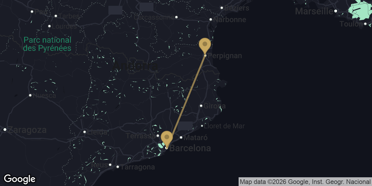 Mapa del trayecto de Barcelona centro a Perpiñán